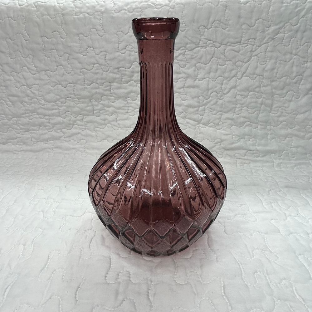 Vintage Italian Amethyst Purple Plum Art Glass Decanter Vase Ribbed Diamond 10"